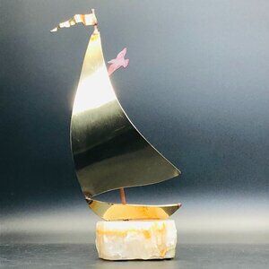 70s Brutalist John Demott Brass Sailboat on Onyx Base Sculpture Nautical Decor